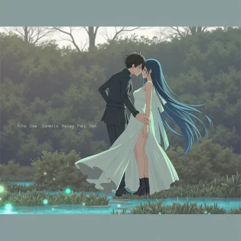 Anime couple, girl have blue eyes, long black hair, wearing white colour long full gwon dress, adult body, breasts. Boy wearing black colour dress, black eyes and hair, put his hands on this girls 
front side of waist. Romantic style 