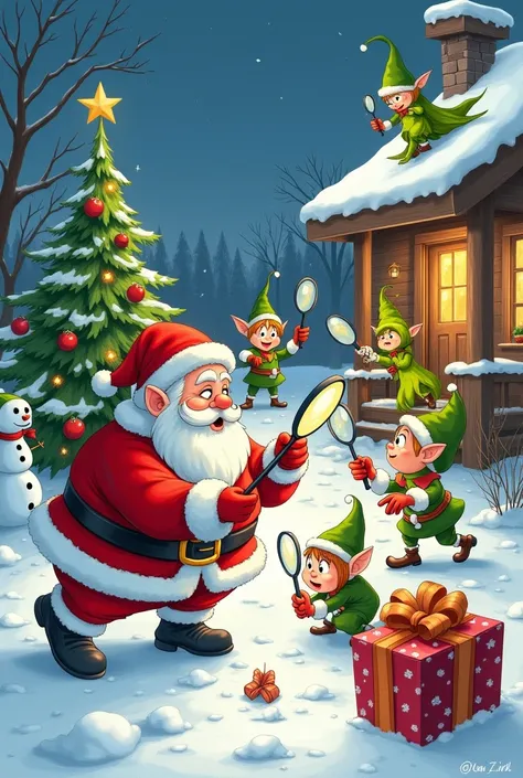 Create a sketch where Santa Claus is searching everywhere to find his missing liner .Make it look like everyone is searching for example with magnifying glasses. Everyone is holding a magnifying. Create elves and Mrs Claus, The Grinch and a cute snowman an...