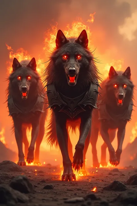 Several fire wolves in black armor