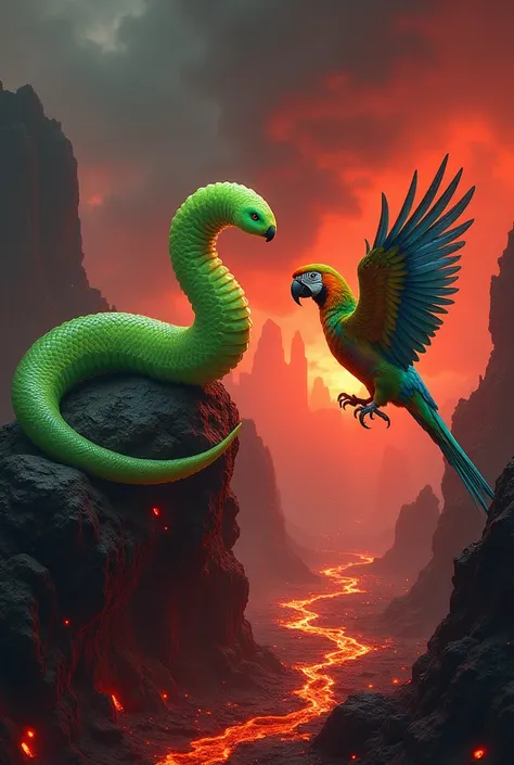 "A tense confrontation between a bright green worm and a vibrant parrot unfolds in a dark volcanic landscape. The worm, elongated and glowing faintly with an eerie green hue, coils atop a jagged rock, its segmented body reflecting the fiery red light of mo...