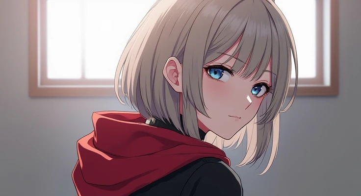 Light ash hair with light blue eyes .  Black sweatshirt and red hoodie looking back