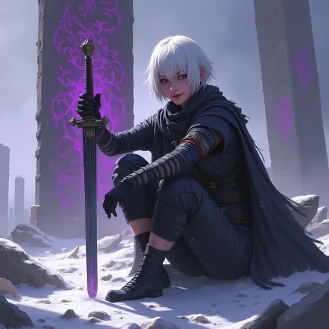 Sitting in front of a stone monument and laughing fearlessly 、Ancient intricate spells engraved on the stone monument are eerily purple、 snow is falling 、((Tattered and dirty black clothes 、Arms full of bandages 、 armband that only selected swordsmen wear ...