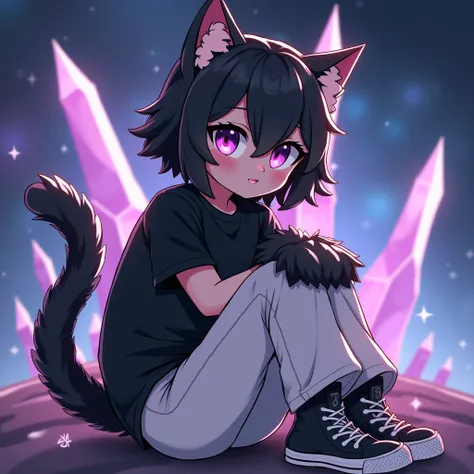 Cat furry, purple eyes, Black fluff , cat paws, black shirt, white pants,  black and white sneakers ,  short hair,  black hair, thin, high,  crystal space background on a planet, quality, Detalhes highs, design, Anime, adult, male