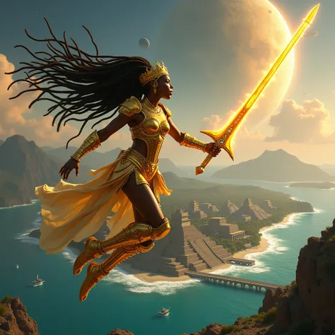 african goddess flying over an ocean. she is wearing golden high tech futuristic body armor. she has one arm extended holding a sword glowing with energy. she has glowing crystals on her body armor. she has long flowing kinky hair locs that are glowing. sh...