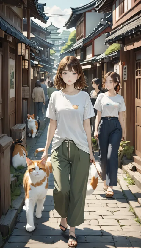 Highest quality、masterpiece、Girl and calico cat、pretty girl、Calico cat walking with a girl、Girl and calico cat、Very realistic cat、Detailed depiction of a cat、Highly detailed cat hair、 walking on a promenade、printingTshirt、3/4 length pants、Old townscape of ...