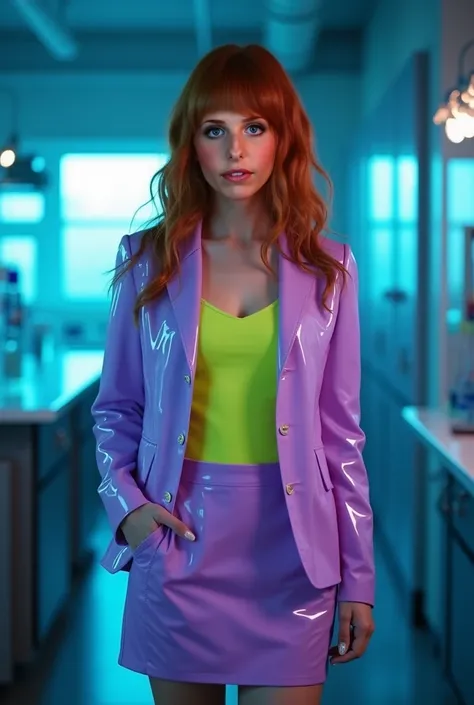 Sarah Michelle Gellar wearing a lilac plastic jacket with a matching skirt, a lime green tank top under the jacket and the skirt, white woman, pretty classy and wavy redhead hair with bangs, pretty, cute, classy woman, cinematic, very cinematic, chemestry ...