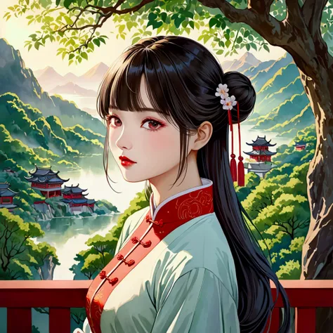 a girl in traditional chinese red dress, long hair tied in two buns, beautiful detailed eyes, beautiful detailed lips, extremely detailed face, delicate features, serene expression, elegant pose, traditional chinese landscape, mountains in the background, ...