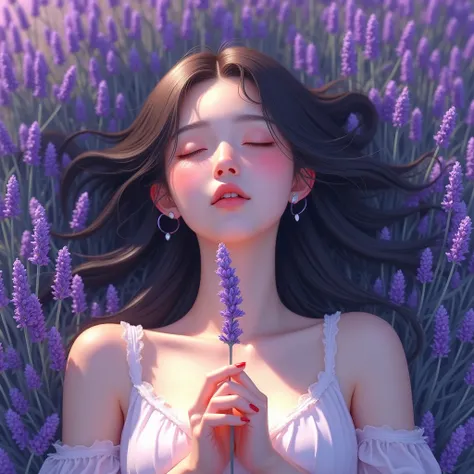 View from tope of head , A beautiful girl lying down on the ground surrounding by lavender and holding some lavender flower on the top on bode. View from her head.
