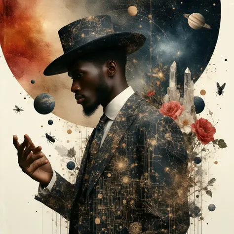 A man, wearing a vintage-style hat and suit, is the central figure.  Hes positioned in the middle of the image, slightly angled to the viewers left, and presented in a three-quarter view.  His suit is intricately detailed, overlaid with patterns of constel...