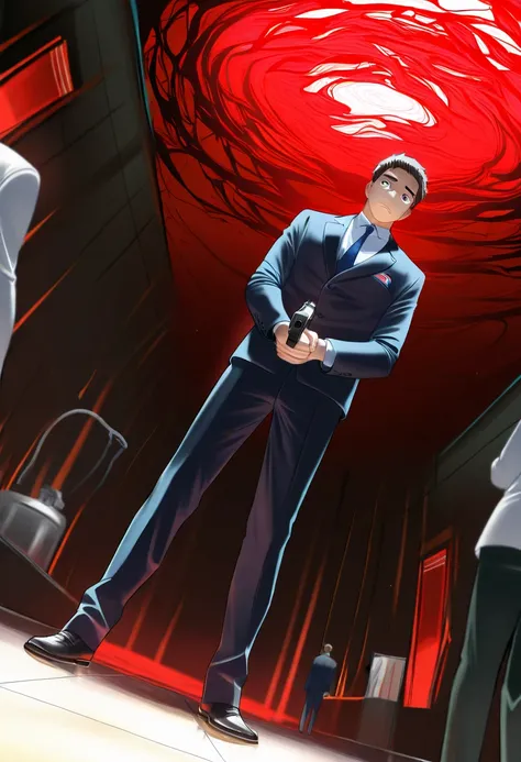 score_9,score_8_up,score_7_up,source_anime,rating_safety,masterpiece,best quality,hyper detailed,super fine illustration,8k,cinematic angle,BREAK (piero mask:1.2),mens suits,holding_handgun,standing,BREAK hospital,detailed background,BREAK psychedelic,dark...