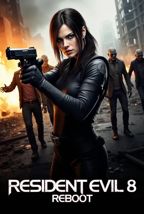 Here is a description of a Resident Evil 8: Reboot movie poster:
The main image focuses on Milla Jovovich as Alice, holding two guns and preparing to shoot. She has a determined and serious expression on her face, wearing dark combat gear. Behind her is a ...