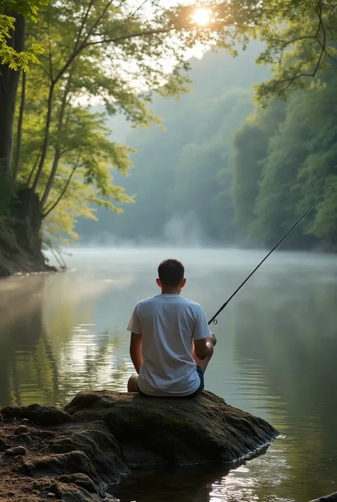 an Indonesian man,  facing front, front view, wearing  a white t-shirt ,  Shorts , sandal.barrette ,  holding a fishing rod , sitting,  fishing by a quiet lake ,  forest atmosphere with teak trees ,  spruce and bamboo tree ,  misty morning atmosphere ,  su...