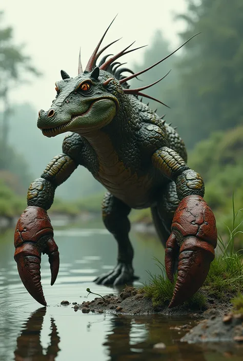 Create a highly detailed and surreal hybrid creature combining the characteristics of a crocodile, a lobster and a horse. The creature has the robust body and tail of a crocodile, presenting its textured and scaly appearance. Its forelimbs are fused with t...