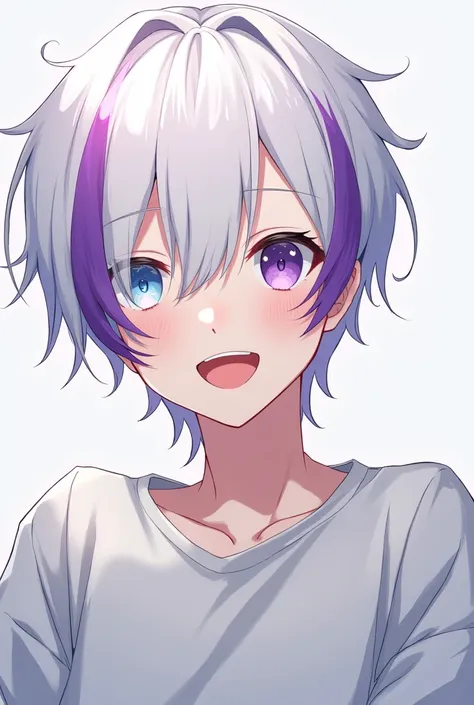 It is a male anime, white hair with purple tips, purple left eye, blue white eye, wearing a gray white long-sleeved shirt, happy mood.