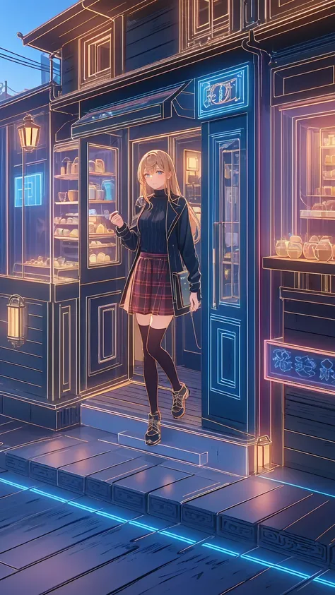 " Detailed illustration of a young girl standing in front of a cozy coffee shop.  she has long blond hair 、 wears a black turtleneck ,  red skirt , and、large plaid coat .  the coffee shop behind her 、 warm lighting with visible signs .  the mood is calm an...