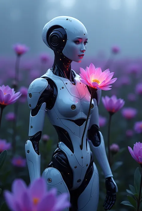 An Android that has a flower that shines brightly in a fantastic dark flower field
