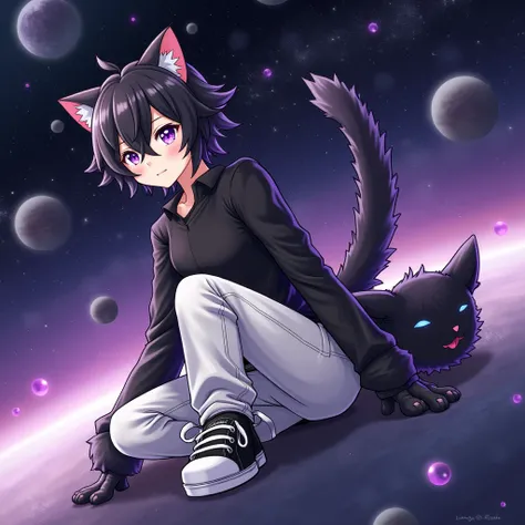 Gato furry, purple eyes, Black fluff , cat paws, black shirt, white pants,  black and white sneakers ,  short hair,  black hair, thin, high,  crystal space background on a planet, quality, Detalhes highs, design, Anime, adult, male