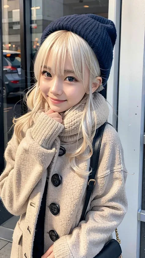 18 year old Japanese female、 platinum blonde、 semi-long、 my hair is wavy 、smile。 wearing a high neck sweater、Wear a duffle coat、 gloves 、、 Wear a wool hat  、I&#39;m wearing a scarf、Its a winter town 。 Snow Is Piling Up、Snow Scene、Baby Face、 Dark Tanned Ski...