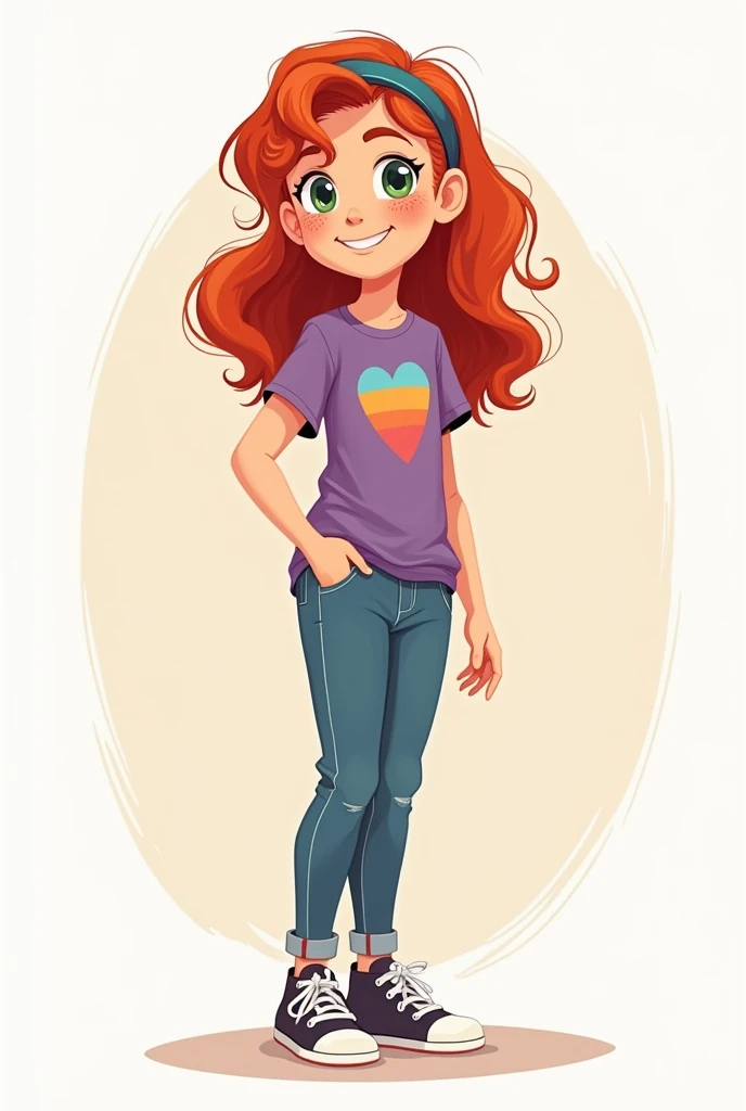 Flat colors. Minimalistic. Hailey, red hair, often styled simple headband. She has bright green eyes and a few freckles across her cheeks. Haileys outfit should be playful and casual, featuring a colorful graphic tee, jeans or leggings, and sneakers—she ex...