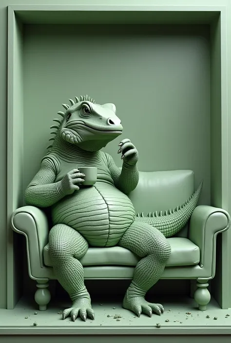 Hollow relief within a rectangular frame green depicting a giant lizard lying on a sofa drinking coffee