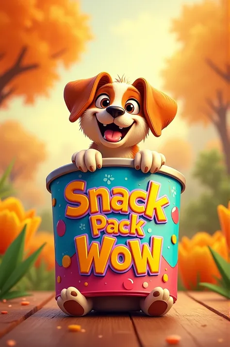 Create a pet food cover which the brand is called snack pack wow this has to contain bright colors and on the top there has to be a doggy object which holds the cover