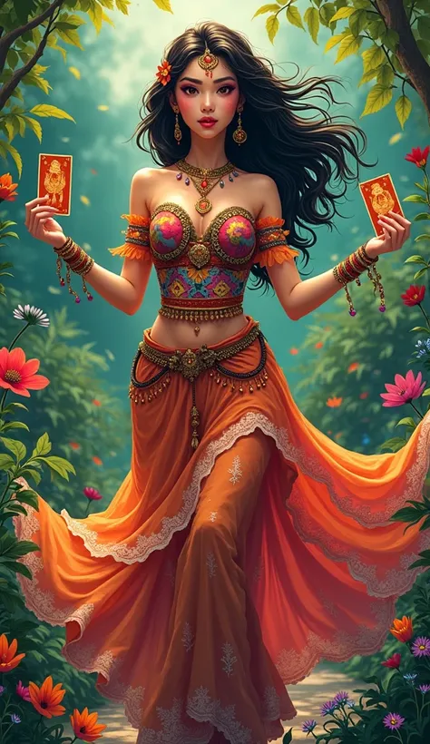 Manga-style cartoon of a beautiful Gypsy dancer , woman, colorful clothes,  she is dancing in a garden with tarot cards in her hand, beautiful detailed faces 
