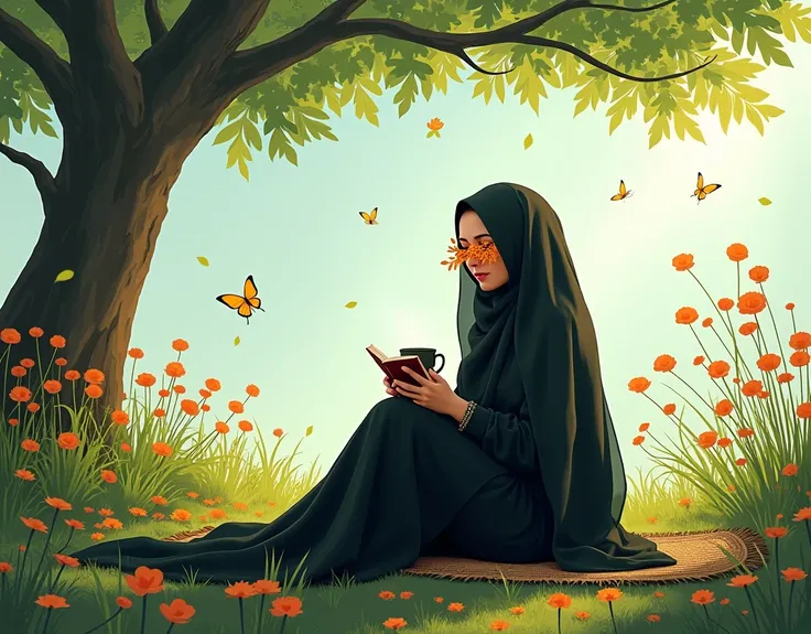 A woman wearing a long black veil down to the ground wearing a niqab, her eyes covered by fallen leaves, she is in a flower garden, she is sitting on a mat with a cup of tea while reading a book and leaning under a shady tree, the sky looks bright with but...