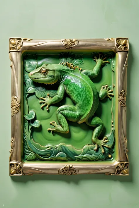 Hollow relief within a rectangular frame green depicting a giant lizard lying on a sofa drinking coffee