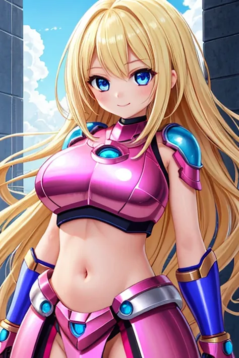 1girl, best quality, looking at viewer, kawaii, shiny skin, shiny clothes, meka, pink armor, crop top, veritical navel, bare stomac, navel focus, huge breasts, long hair, wavy hair, blonde hair, blue eyes, smile, science fiction, 