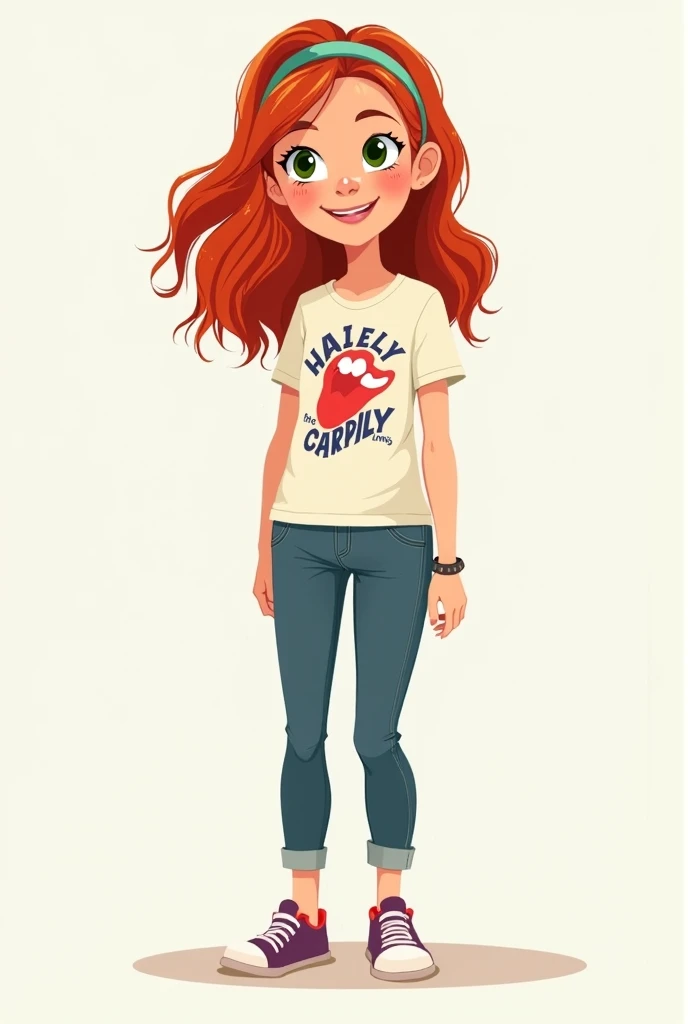 Flat colors. Minimalistic. Hailey, red hair, often styled simple headband. She has bright green eyes and a few freckles across her cheeks. Haileys outfit should be playful and casual, featuring a colorful graphic tee, jeans or leggings, and sneakers—she ex...