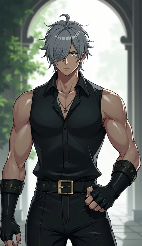 masterpiece, best quality,alhaitham(genshin impact), 1boy, male focus, shirt, solo, gloves, sleeveless shirt, grey hair, green eyes, sleeveless, ahoge, black shirt, bangs, hair over one eye, black gloves, indoors, sanctuary, fingerless gloves, black pants,...