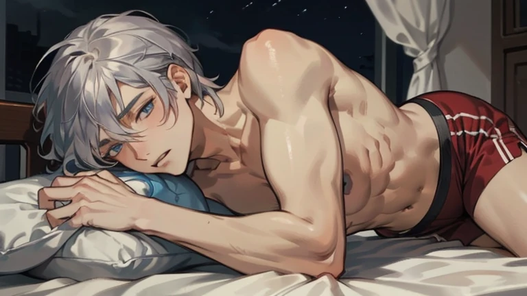   Masterpiece  ,  top quality, One man,Soft Macho,bedroom,  Silver Hair,  blue eyes,night,Lying on the bed and kneeling on the elbow, gentle expression ,