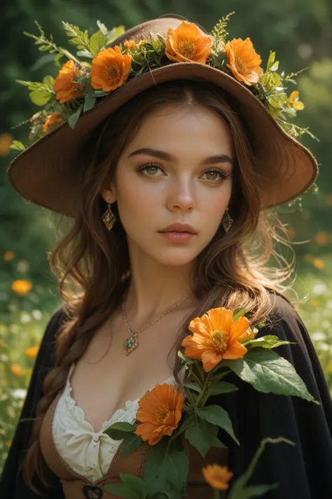  a witch with brown hair wearing a wildflower wreath, with runes in her hands , Against the backdrop of the fjord 