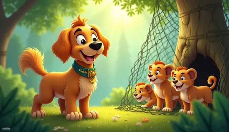 A big eyes opened cartoon golden retriever with a fluffy coat, wagging tail,( belt with a collar named GOLDIE and address) saw  lions cubs were trapped in nets nearby big tree  in the jungle
