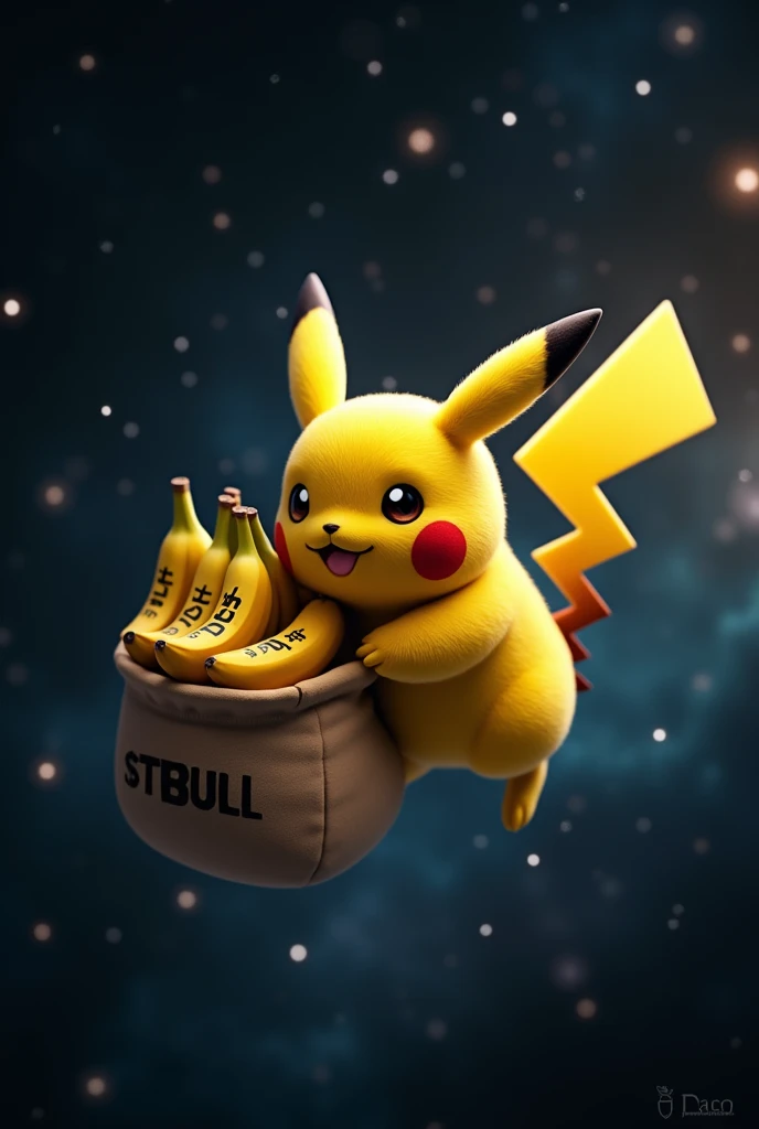 Show a realistic Pikachu flying to the space holding a bag full of bananas with $TBULL inscription on the banana