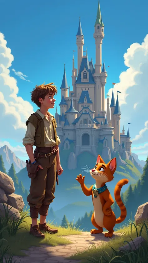 "A young peasant looking in amazement at a majestic castle, with Puss in Boots pointing towards him under a blue sky."