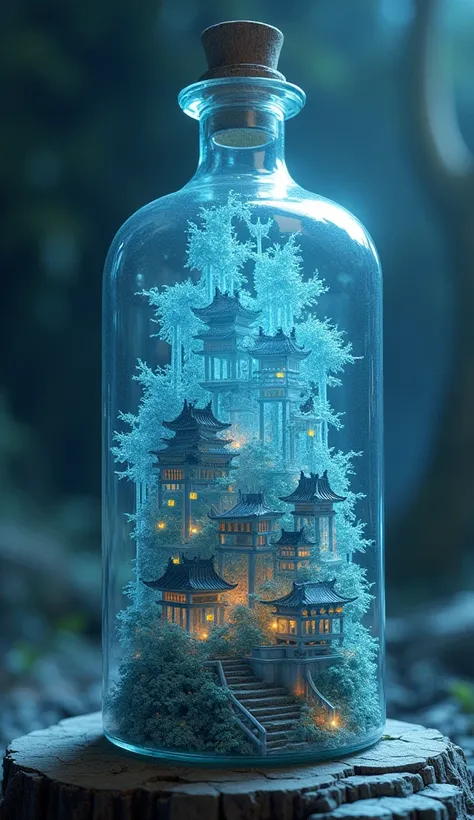 Sengoku period castle town in a bottle, simple design , Detailed architecture ,Atmospheric lighting, fantasy art , high definition , Complex structure ,Shades of blue,Glass Texture