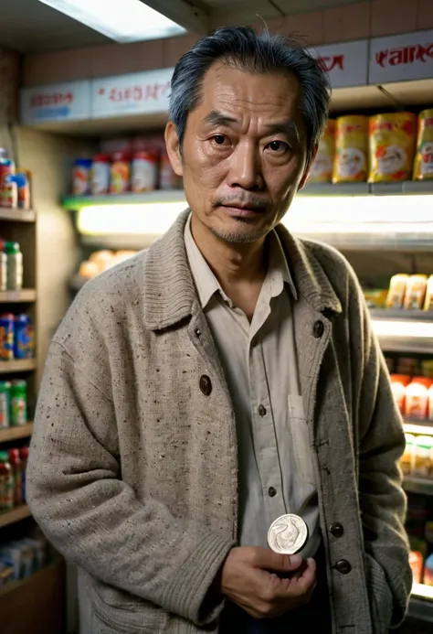 Photo quality, natural skin texture, HDR, 35mm film, soft diffused lighting, average middle-aged Japanese man, thinning salt-and-pepper hair, wrinkled forehead, tired eyes, wearing an oversized beige cardigan and a slightly stained white undershirt, holdin...