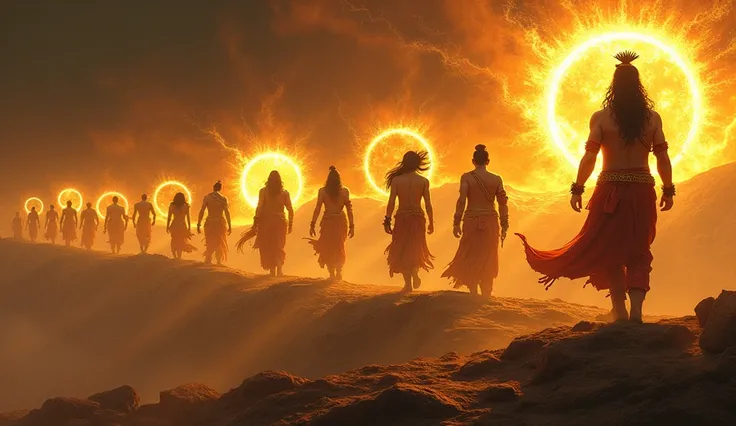 A timeline-like visual showing key stages of Karnas life, such as his birth as Suryaputra, his struggles as a sutaputra, and his crowning as a warrior, each moment illuminated with golden highlights.