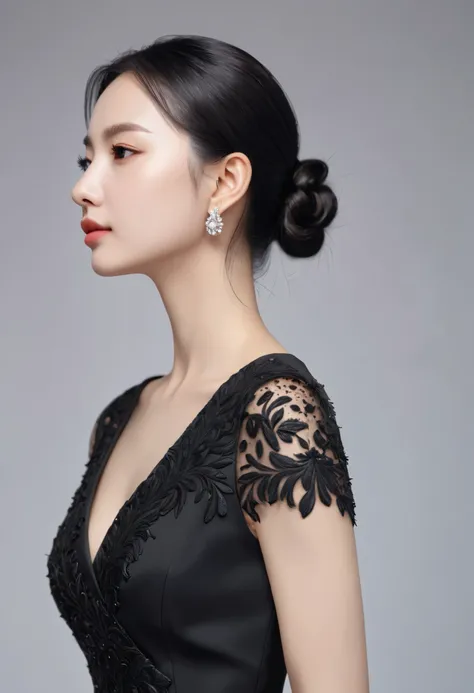 (( is the best quality, 8K )),   of a young lovely woman, Realistic, side view, portrait,  Super Realistic ,  highly detailed,  highly detailed skin,  high quality,  black dress