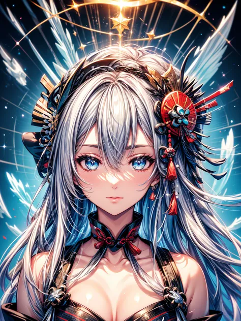 (Ultra-delicate), (Be focused), (high resolution), (((Silver hair with gradient stripes and light blue tail))), one, Cute beauty face, alone, Fine facial textures, ((Light blue eyes)), thin eyebrows, long upper eyelashes, Double eyelids, Upper Eye, (super ...