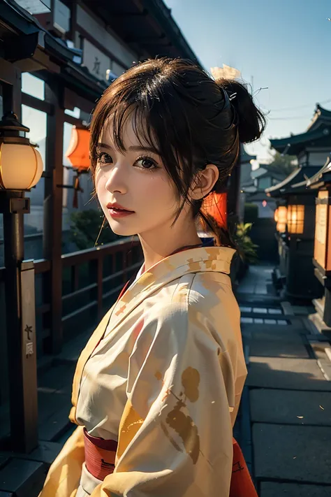 (masterpiece), ( top quality), (  super detailed ), ( ponytail が少し乱れている), ( 1 girl ), (((kimono, ((Kyoto Kimono Yuzen)),  Premium 振袖,  Premium , Gold color processing))),  standing,  Fashion Model ,  viewer, (Interview), ( simple background ), beautiful de...