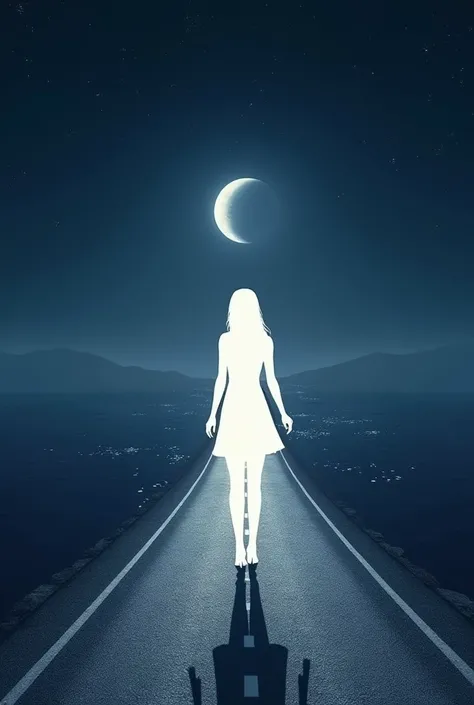 masterpiece, 1 female(:0.8)shaped silhouette, The silhouette is white, Shadows are at sea, Particles of light act as a single road, The setting pale half moon at the end of the road, Outer space, camera angle: low angle shot, focus on the moon at the end o...