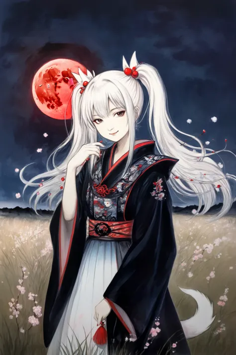 by Yoshitaka Amano, (Broad lighting),  low key lighting , Picturesque, dark(  fantasy art , (Yoshitaka Amano)), (Full-length portrait of a woman, moak, black twin tail hair, smile), Night grassland background, (Red Moon, Black kimono , Red accents), Cherry...
