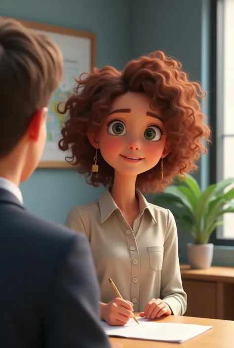 Give me a prompt of each scene a curly hair girl of 22 year go inside of office for interview happily story in 3d animated style 
But the interviewer scolded her for writing bad story and she start weeping
