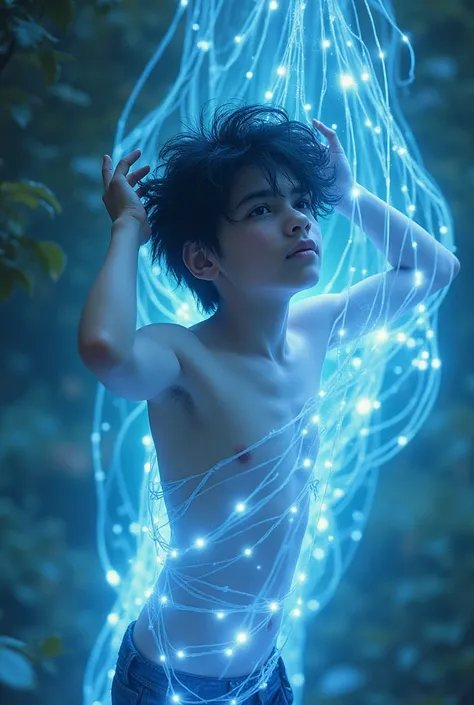 A 16-year-old naked nepali punk boy, colloured dyed-heir punk-style , standing  entangled in a ethereal bioluminescent magic-net that IS floating in the Air UP around him. Fantasy, dream-like style.  Artístic nude,  realistic, 
