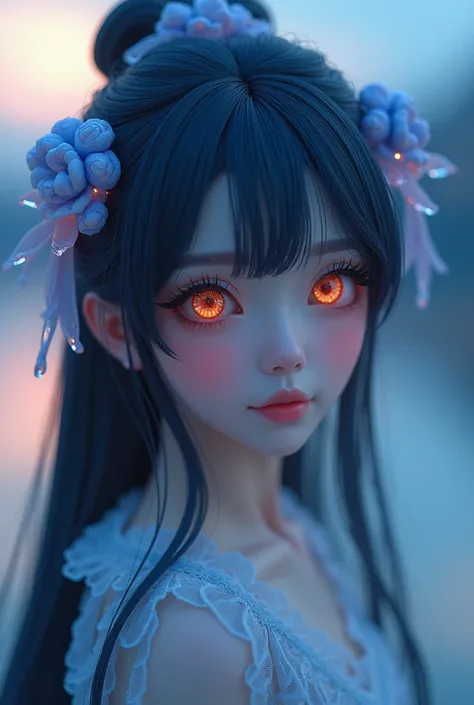  Dawn Wonderland on Shimizu River ，dark blue hair，long eyelashes，Smile， Eyes Gagoshinx ， Spooky, Long Vision ， Surreal Description Image ， Exquisite Soft Lines ， Crystal clear skin texture， Straight, Galaxy-like Hair ，Beautiful Chinese Fairy ， Daybreak Won...