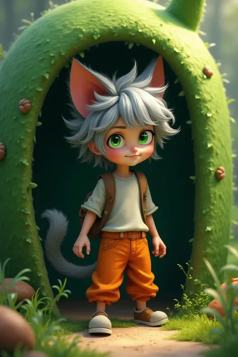  Create a 15-year-old man with a cats tail and ears, orange pants, green shelter, green eyes and messy gray hair 