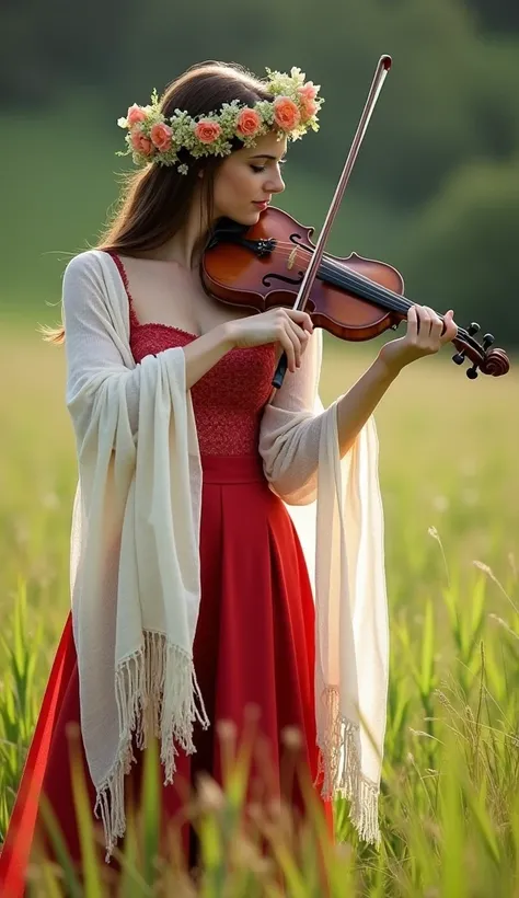  Take a picture of a beautiful woman wearing a red and white dress 、 wearing a flower crown and long cloth shawl playing the violin on a green meadow,The scenery is very beautiful .