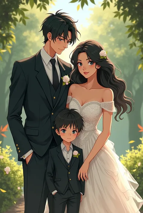 A brown-skinned woman with wavy black hair, dark eyes and wearing a delicate wedding dress with tulle and a square neckline that falls with sleeves holding her arms , a tall man with black hair and silver eyes wearing a suit with a small flower and one of ...